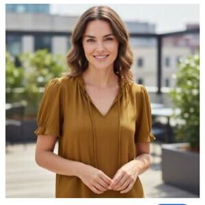 Nine West Gold V Neck Short Sleeve Blouse Size Large